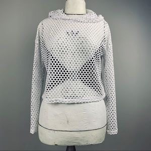 Fishnet Hooded Crop Top White Cover-Up Medium